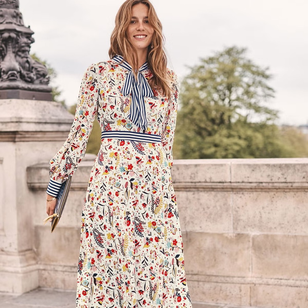 RARE Boden Thelma Bird and Floral Print Tie Neck Midi Dress 4